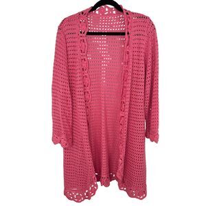 Crocheted Pink open duster cardigan Floral bottom hem and sleeve cuffs